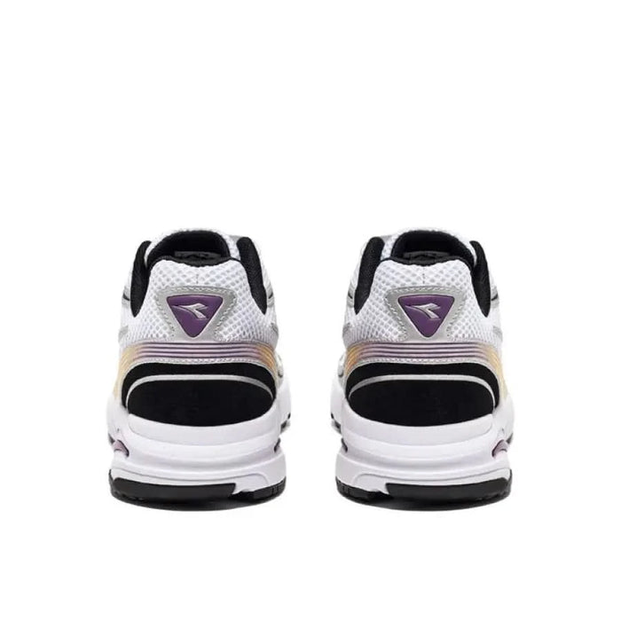 Rear view of Diadora Men Sneakers in white, black, and purple athletic design