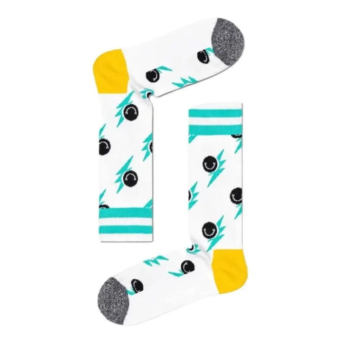 White socks with teal leaf patterns, yellow heels, and gray cuffs from Happy Socks