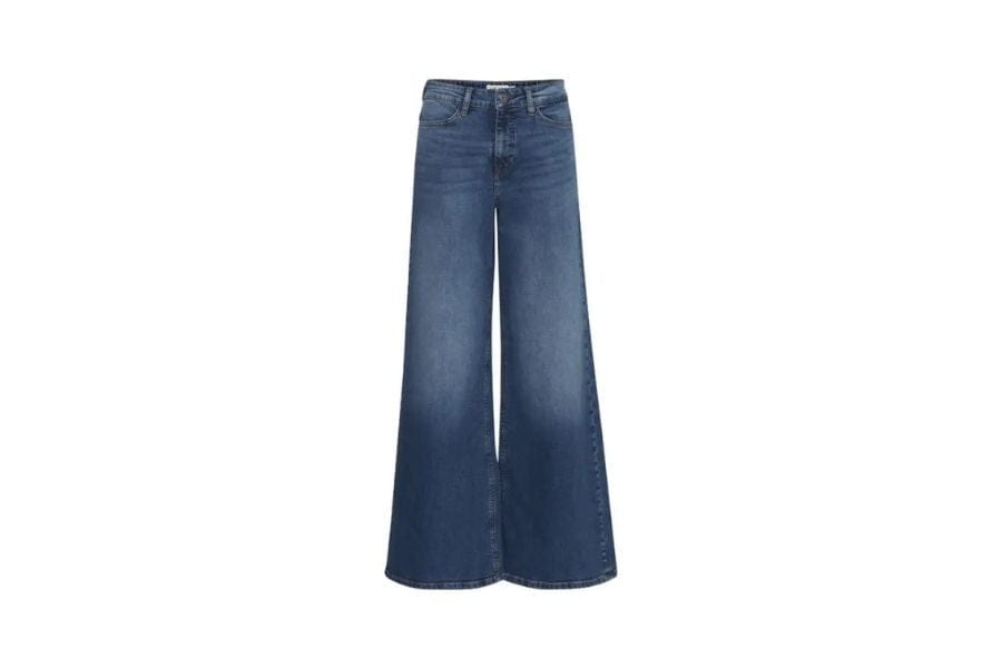 Pair of wide-leg blue jeans with a faded wash for retro style fashion inspiration.