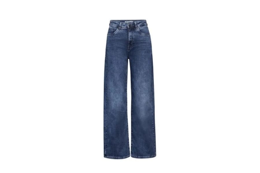 Pair of wide-leg blue jeans with a faded wash for a retro style fashion statement