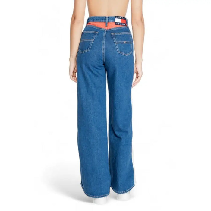 Pair of wide-leg blue jeans featuring a Tommy Hilfiger waistband for women