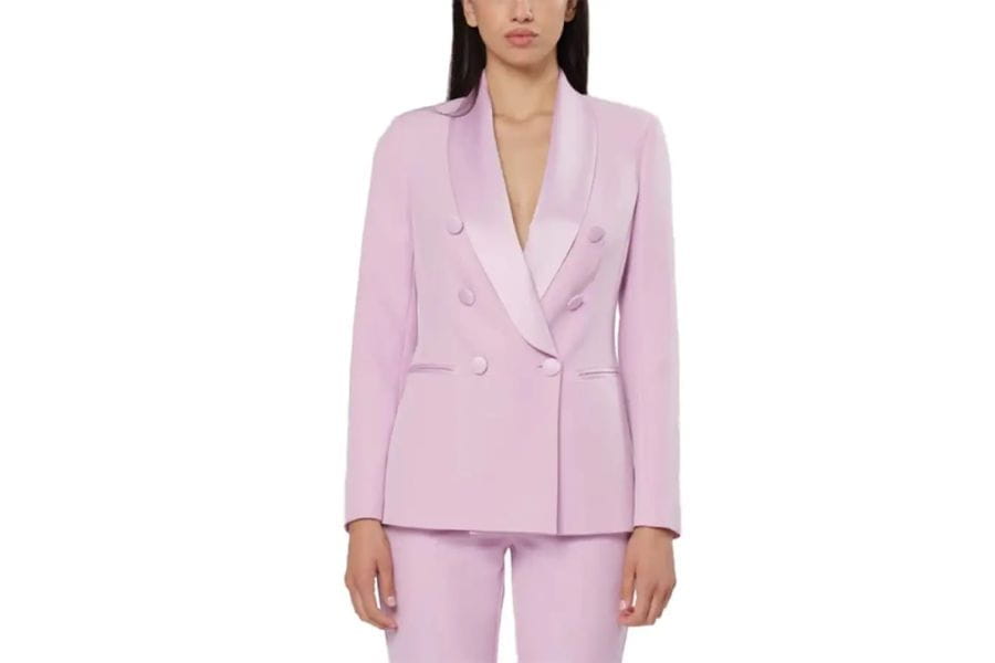 Pale pink double-breasted women’s blazer for stylish summer work outfits.