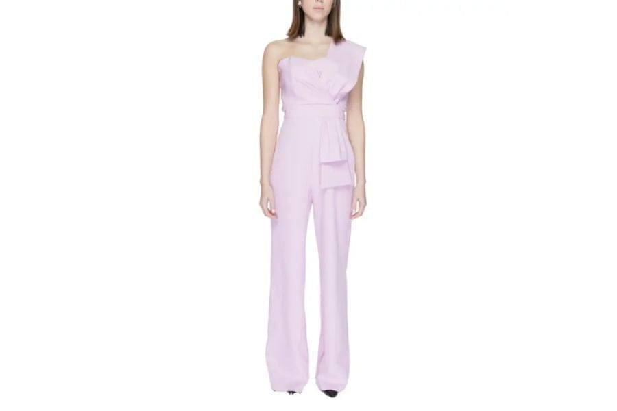 Pale pink one-shoulder jumpsuit with wide-leg pants, ideal holiday outfit for stylish apparel.