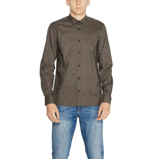 Antony Morato Men’s Shirt: Patterned checkered button-up over blue jeans