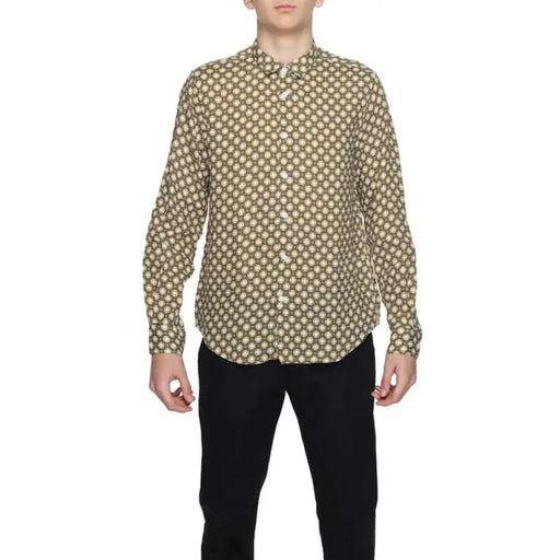 Gianni Lupo Men Shirt - Olive Green and White Patterned Button-Up with Polka Dot Design