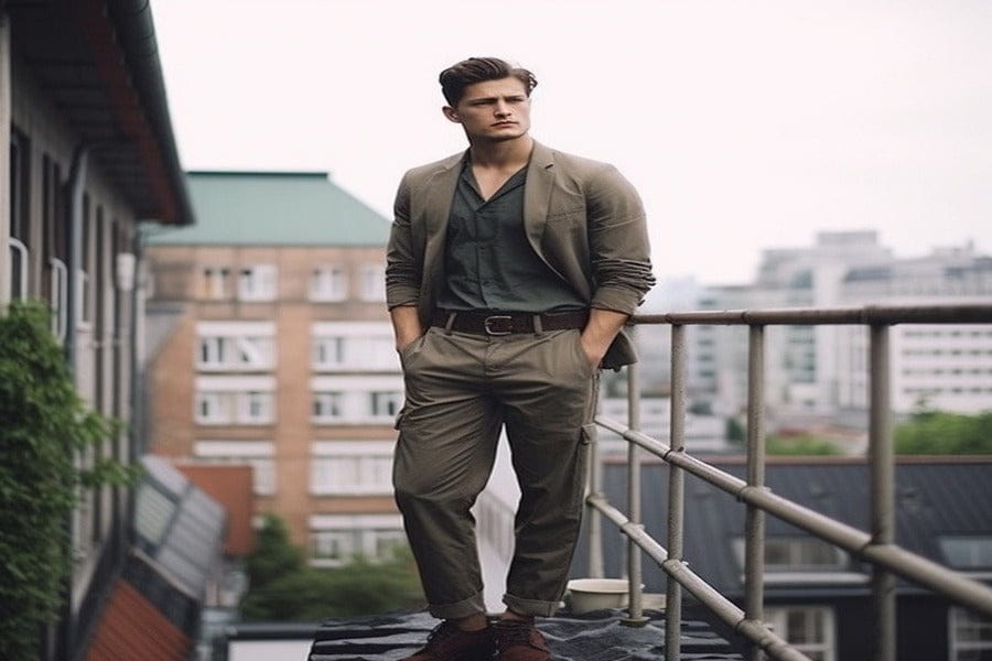 Person in casual attire on rooftop exemplifying stylish cargo pants outfit ideas.