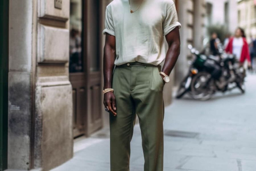 Person in white t-shirt and olive green trousers exemplifying smart casual men summer style.