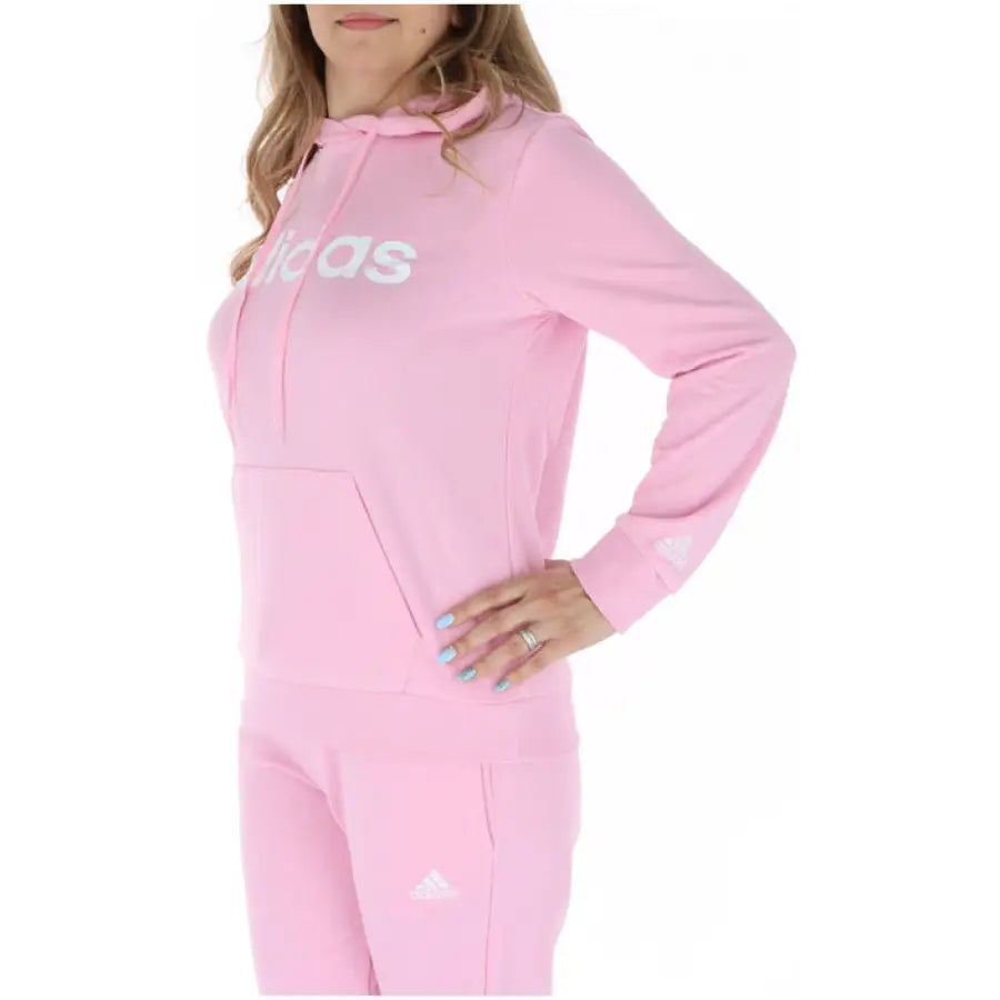 Pink Adidas onesie with hood, long sleeves, and front pocket in Adidas Women Sweatshirts