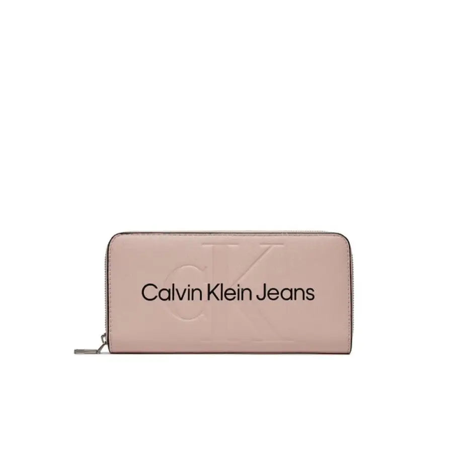 Pink leather wallet with Calvin Klein Jeans branding for stylish women