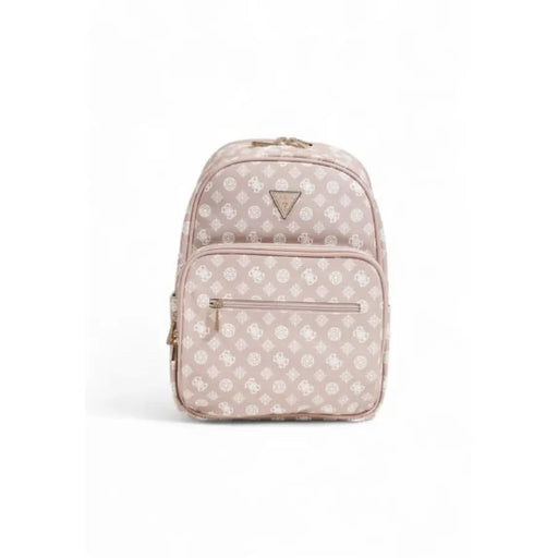 Pink polka dot Guess Women Bag featuring a triangular logo and multiple zippered compartments