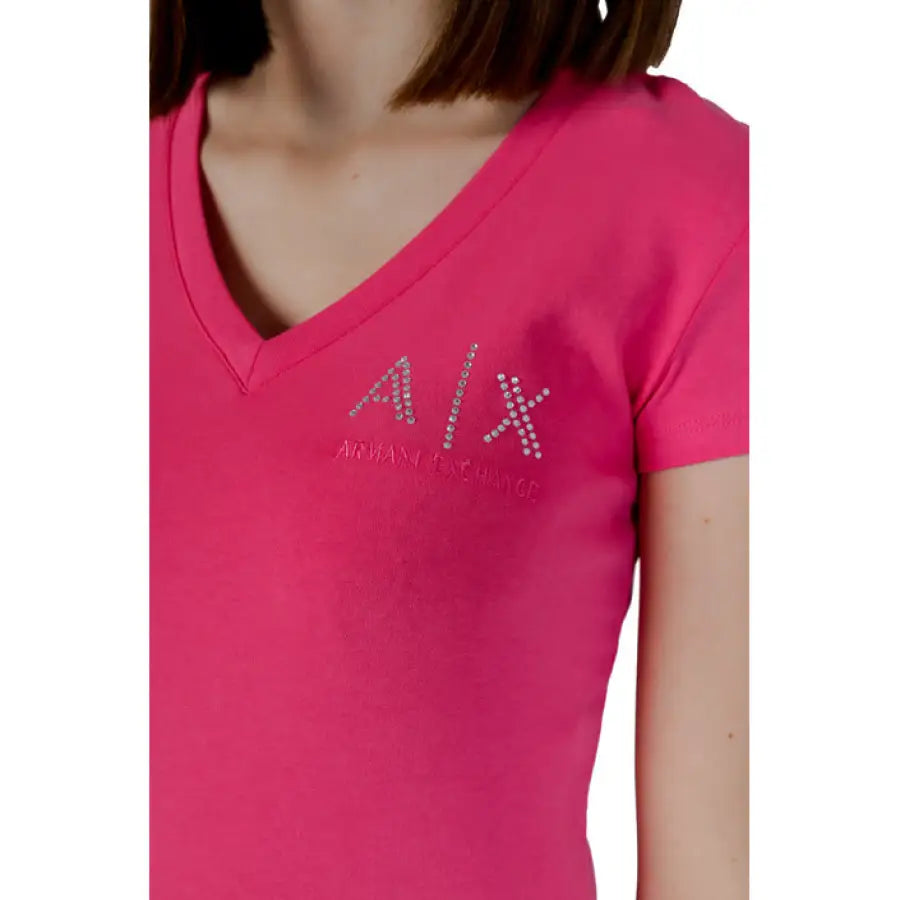 
                      
                        Pink V-neck Armani Exchange t-shirt with rhinestone logo for women
                      
                    