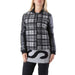 Plaid bomber jacket with leather sleeves and black ribbed trim from 525 Women Jacket