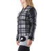 Plaid bomber jacket with leather sleeves in black and grey tones by 525 Women