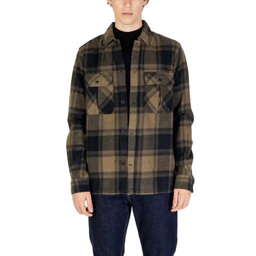 Plaid flannel button-up shirt in olive green and black by Only & Sons Men Shirt