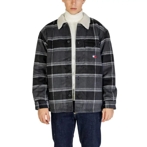 Plaid flannel jacket with sherpa collar in black and gray by Tommy Hilfiger Jeans