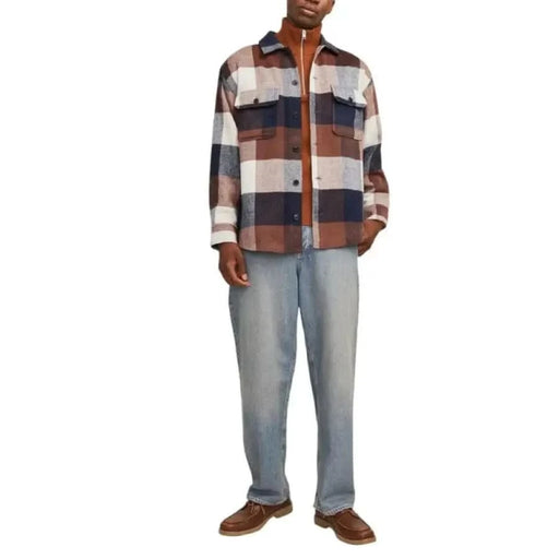 Plaid flannel Jack & Jones men shirt in brown, navy, and white checkered pattern