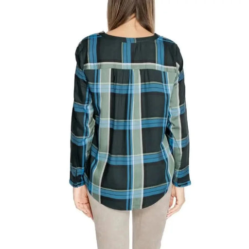 Plaid long-sleeved blouse in blue, black, and white by Street One for women