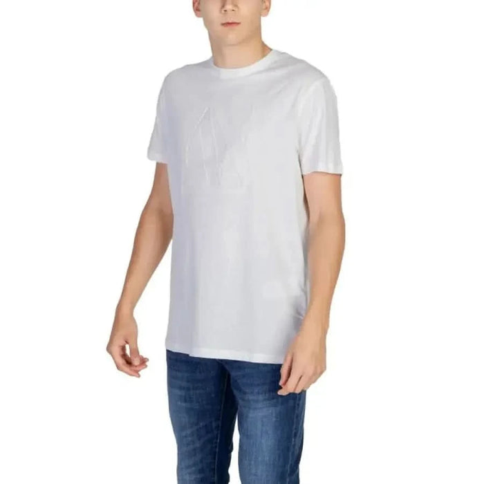 Plain white crew neck t-shirt modeled by a person from Armani Exchange Men collection