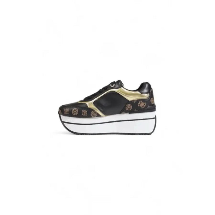 Guess Women Platform Sneakers with Black and Gold Design, Patterned Logo Print