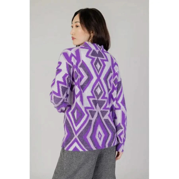 Woman in purple and white geometric fleece jacket by Street One - Women’s Knitwear