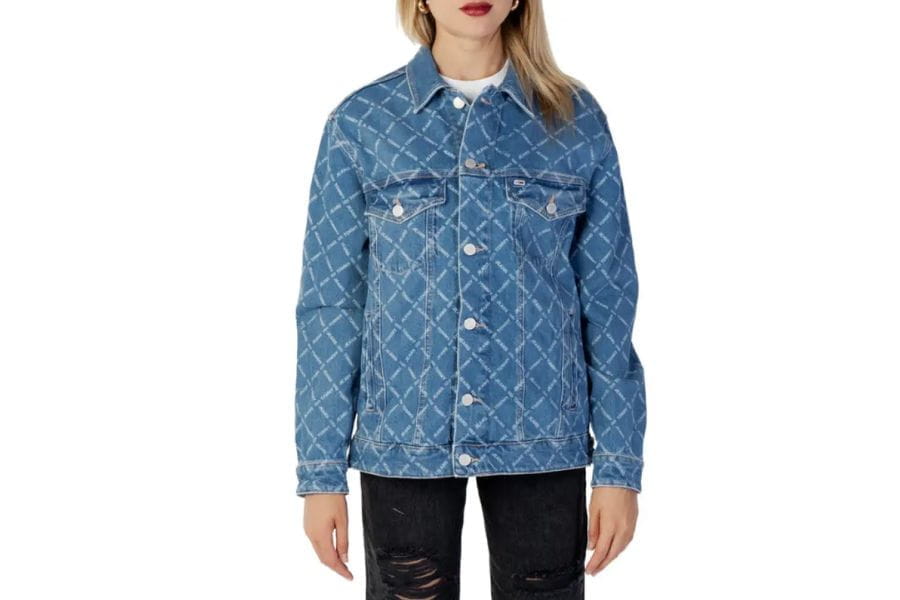 Quilted denim jacket with diamond pattern and pockets for stylish summer outfit ideas.