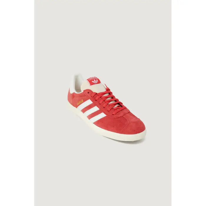 Red Adidas Gazelle sneaker featuring white stripes and sole for men’s fashion