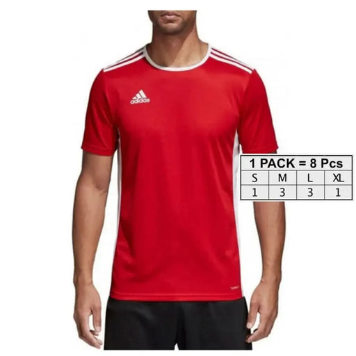 Red Adidas sports jersey with white trim and short sleeves displayed in Adidas Men T-Shirt