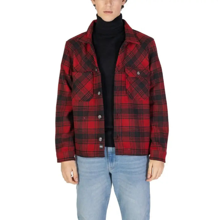 Red and black plaid flannel jacket by Gas featuring front pockets and buttons