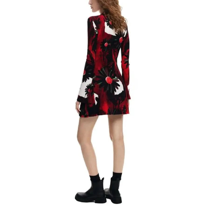 Red, black, and white floral print long-sleeved mini dress with black ankle boots - Desigual