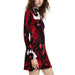 Red, black, and white floral print dress with long sleeves and high collar by Desigual