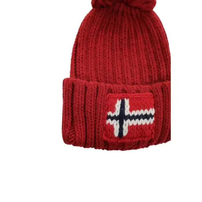 Red knit winter hat featuring Norwegian flag patch from Napapijri Men Cap collection