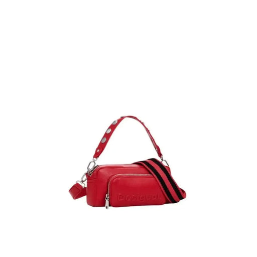 Red leather handbag with compartments and a striped strap by Desigual