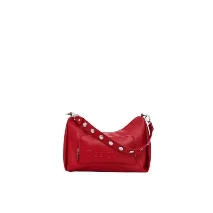 Red leather handbag with studded strap and embossed logo by Desigual