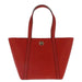 Red leather tote bag featuring gold MK logo emblem by Michael Kors for women