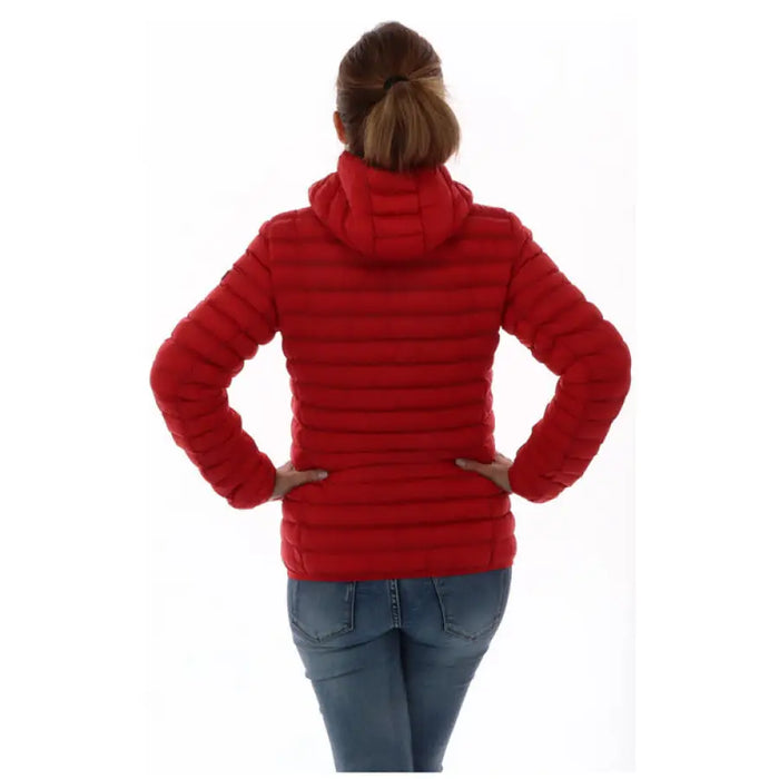 Red quilted puffer jacket with a hood, back view of Ciesse Piumini Women Jacket