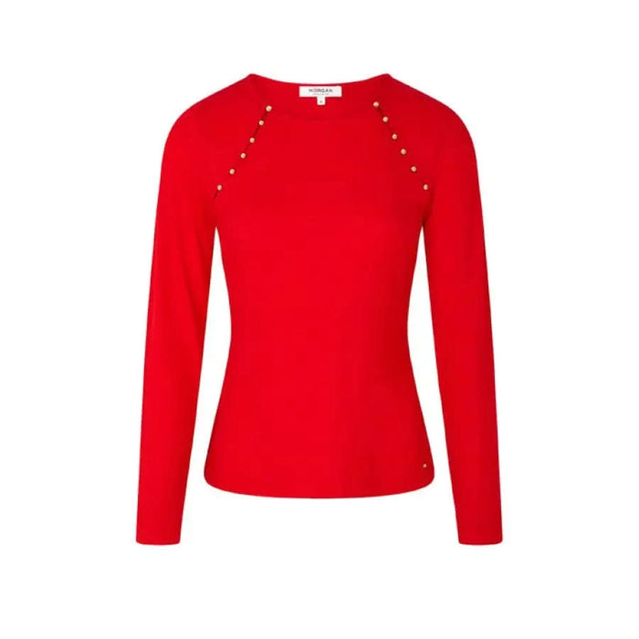 Red sweater with gold buttons showcasing urban city style from Morgan De Toi collection