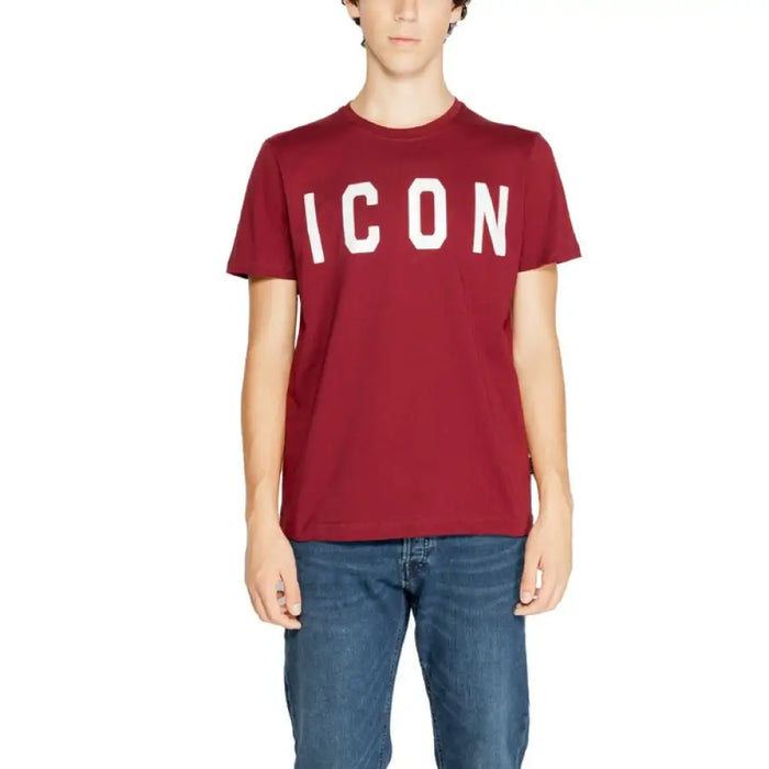 Red Icon Men T-Shirt featuring white ’ICON’ text printed on the front