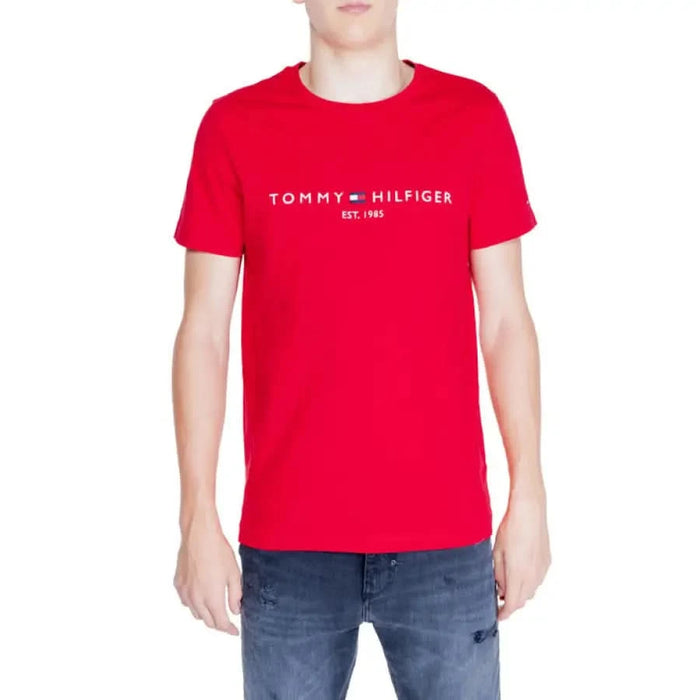 Red Tommy Hilfiger Men T-Shirt with white logo text