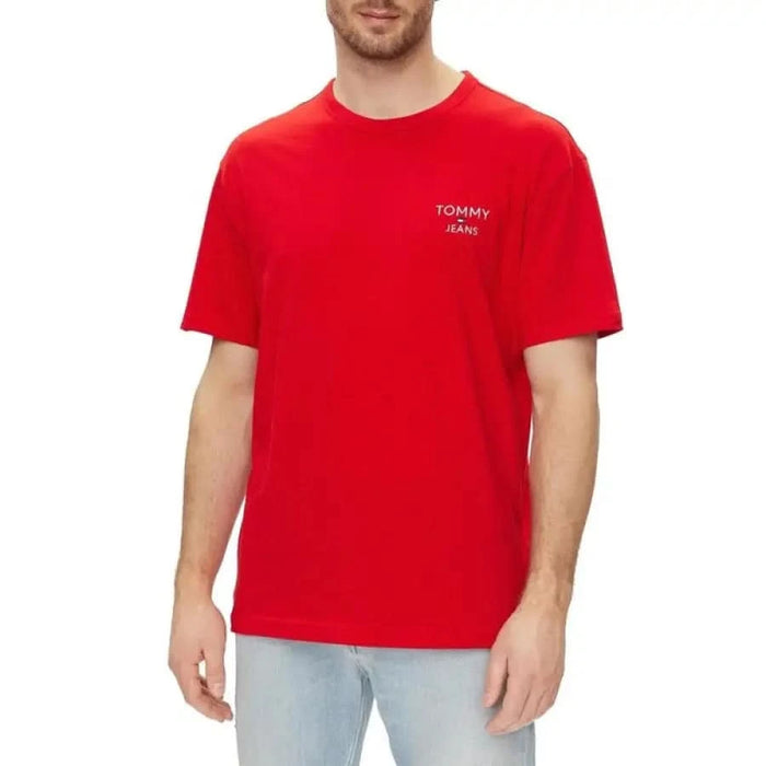 Red Tommy Jeans t-shirt featuring small logo text on the chest for men