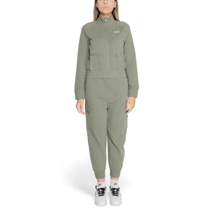 Sage green Ea7 Women Jumpsuit featuring a zip-up front and multiple pockets