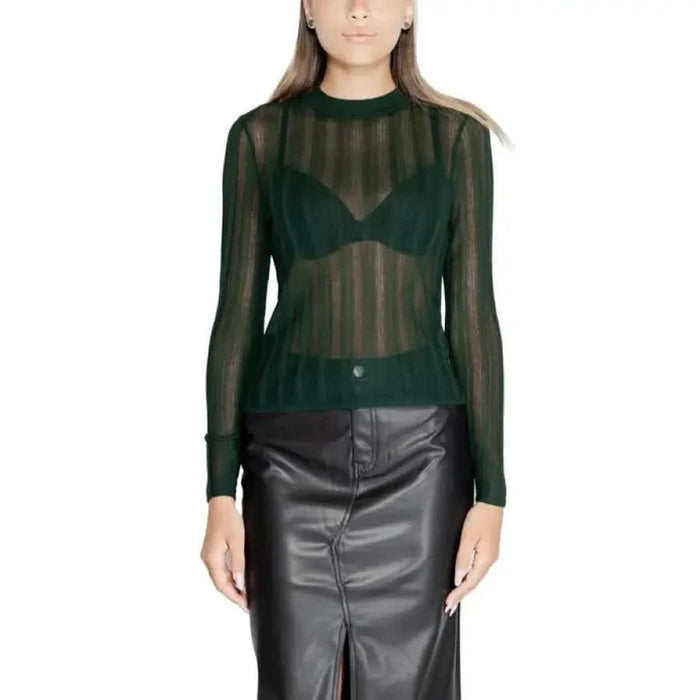 Sheer dark green long-sleeved top with ribbed knit pattern from Vila Clothes Knitwear