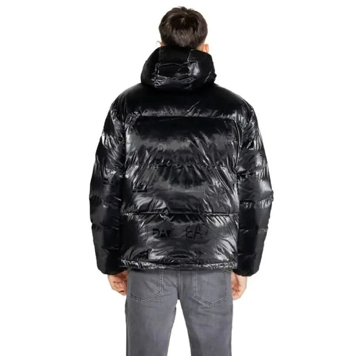 Shiny black puffer jacket back view from Ea7 Men Jacket collection