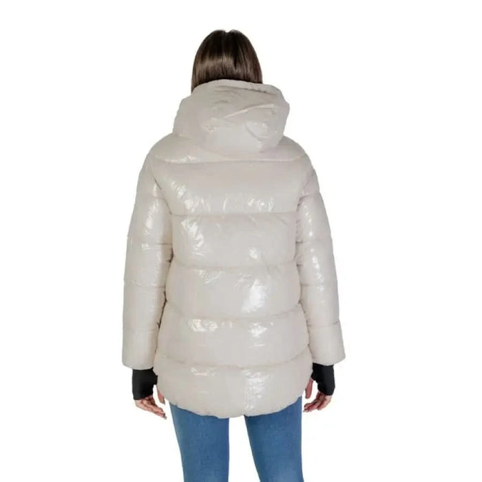 Back view of a shiny cream-colored puffer jacket by Suns - Suns Women Jacket