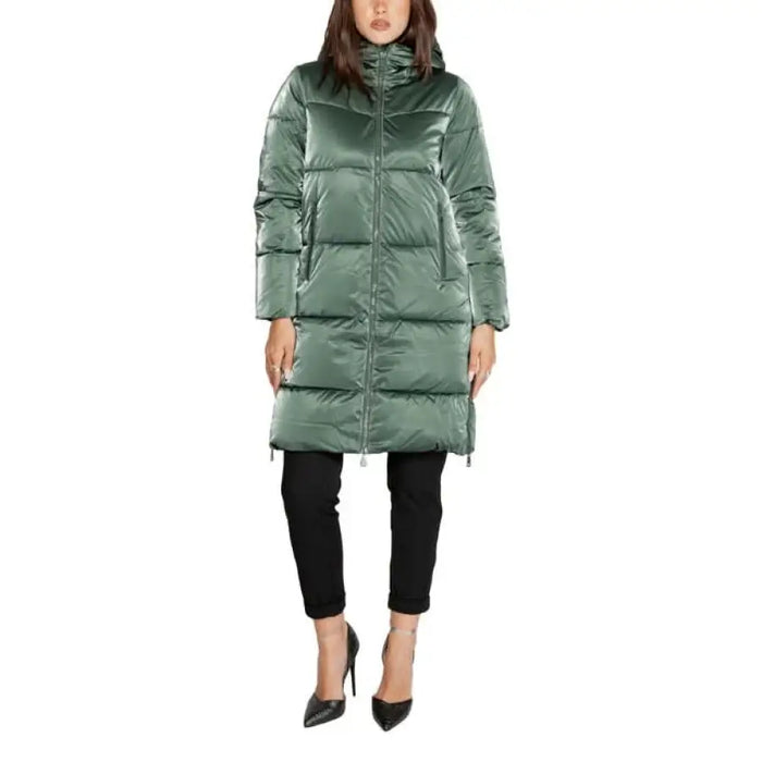 Shiny sage-green puffer coat with high collar and zip front from Clerã© Women Jacket