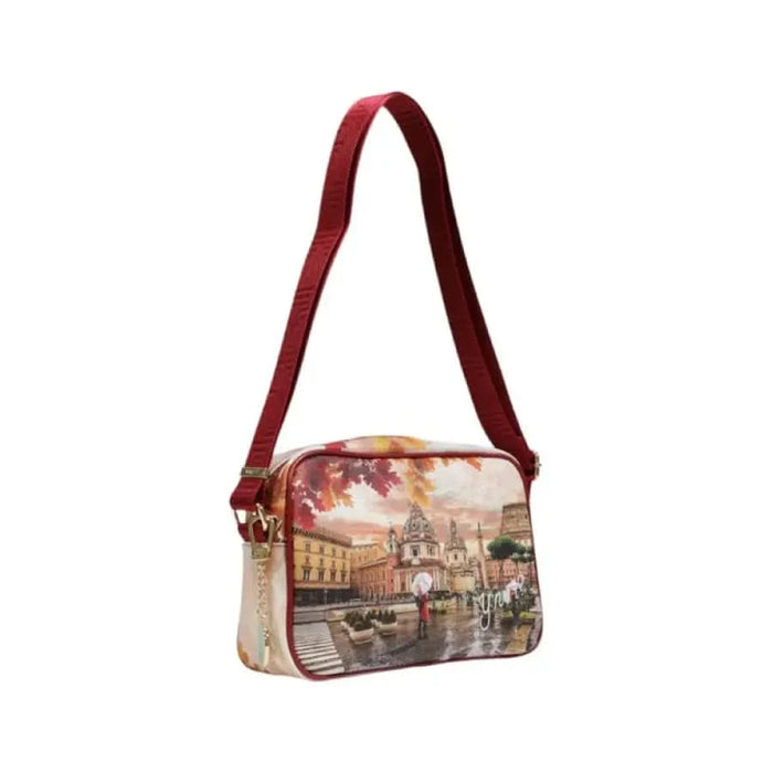 Shoulder bag with cityscape print and red strap from Y Not? Women Bag collection