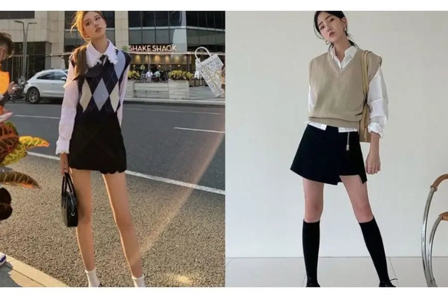 Side-by-side comparison of preppy fashion styles with sweater vests and skirts.