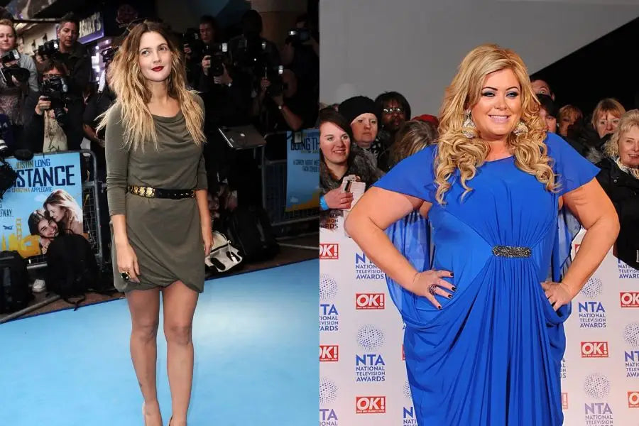 Side-by-side comparison of two women showcasing how to dress for your body type at events.