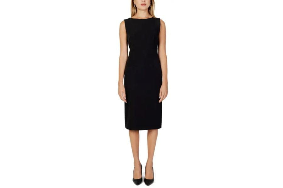 Sleeveless black sheath dress with high neckline, perfect holiday outfit for elegant occasions.