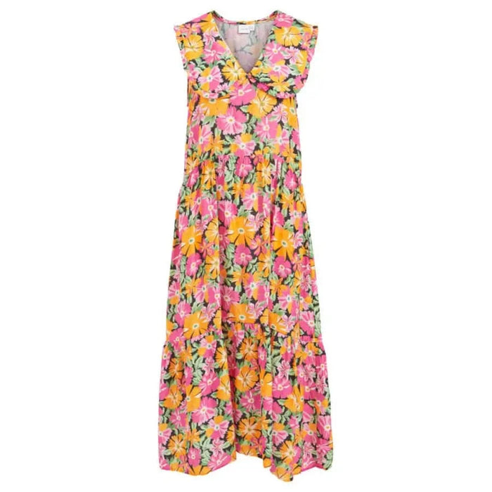 Sleeveless floral maxi dress in vibrant yellow, pink, and green by Vila Clothes