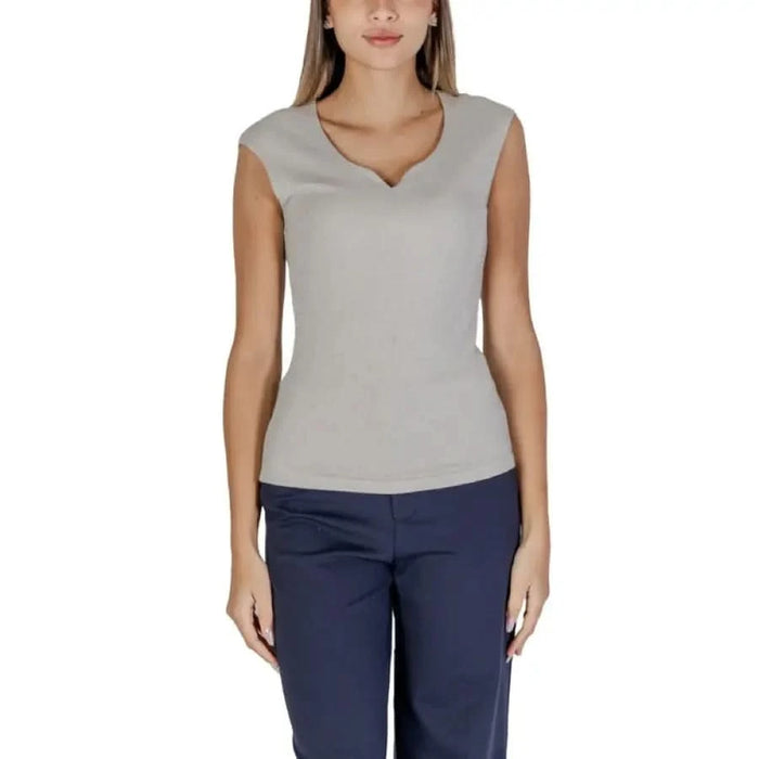 Sleeveless grey v-neck top with navy blue pants from Street One Women Undershirt